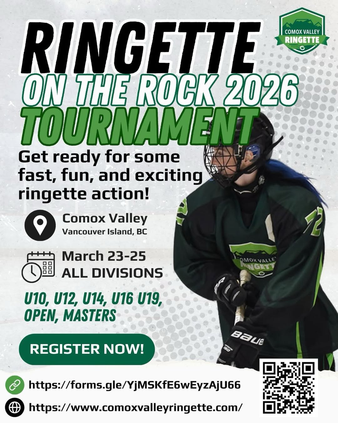 poster for ringette on the rock tournament in the comox valley